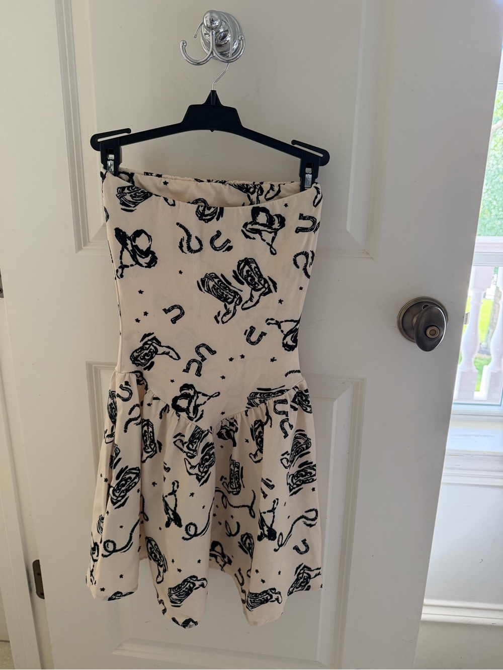 RESA Strapless Mini Dress in Cream with Black Print